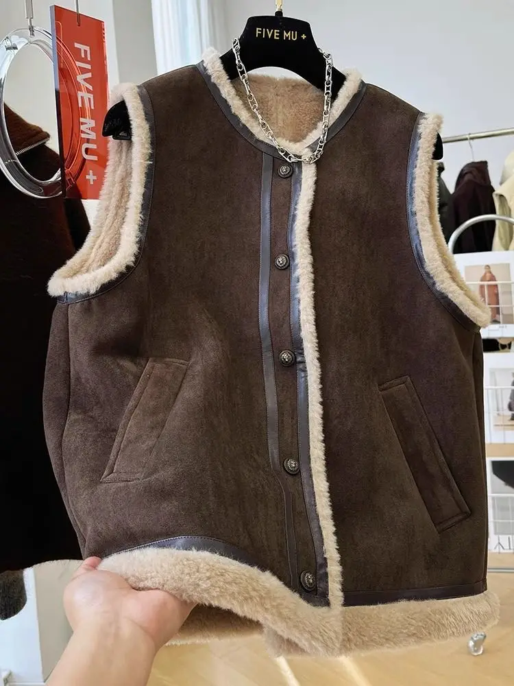 

Fashion Vintage Fur One-piece Vest Coat Women Autumn Winter Thicked Warm Tops Mujer O-neck Sleeveless Loose Jackets