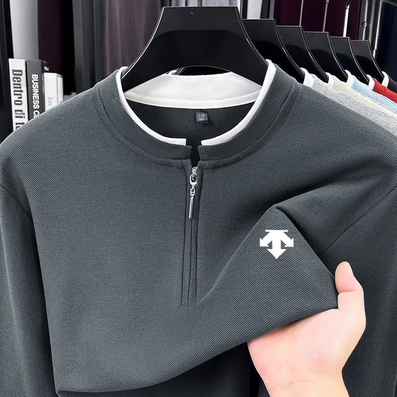 Fashion Trendy Fake Two Piece Quarter Zip Men T-Shirt 100% Cotton Autumn Solid Color Long Sleeve Tops Business Casual Men's Wear