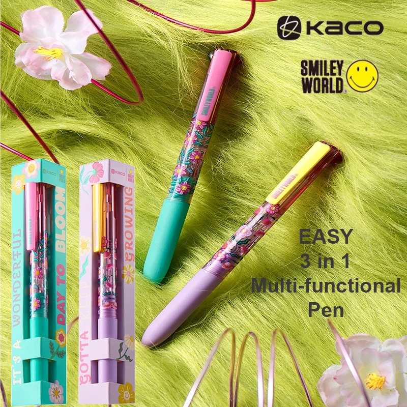 

NEW KACO SMILEYWORLD 3-in-1 Multi Pen Mechanical Pencil Black/Red Gel Ink Pens One-Click Switch Study Office Journal Stationery