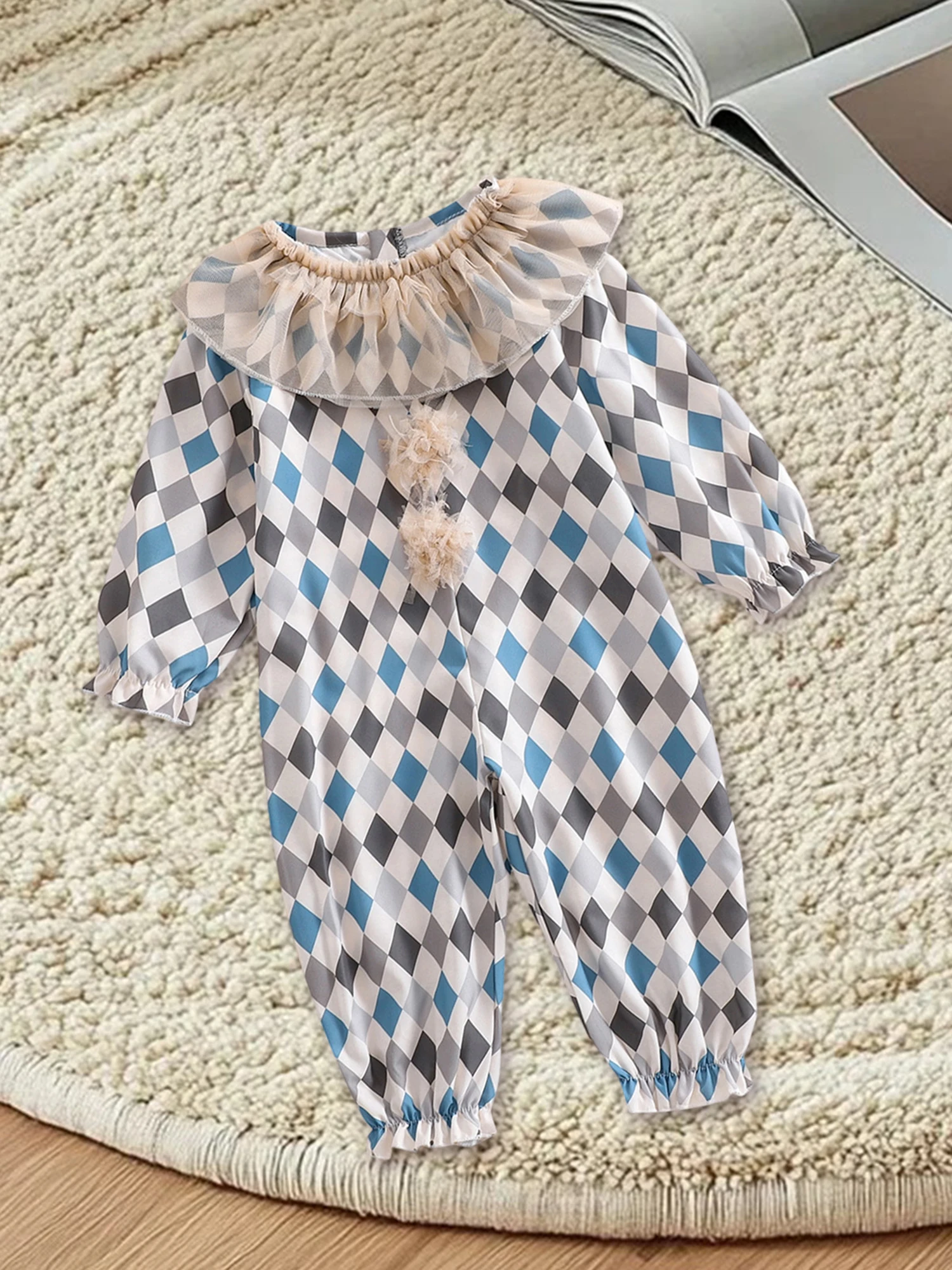 

Adorable Toddler Fall Checkered Playsuit Children s Stylish Ruffle Collar Outfit with Long Sleeves