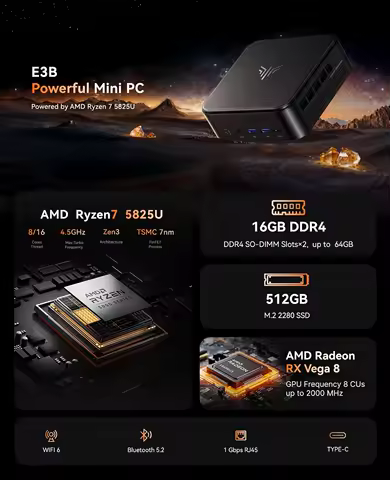 Mini PC with AMD Ryzen 7 5825U, 16GB DDR4 512GB M.2 SSD Mini Computer, Mini Gaming PC with USB Type-C, Desktop Computer Supports