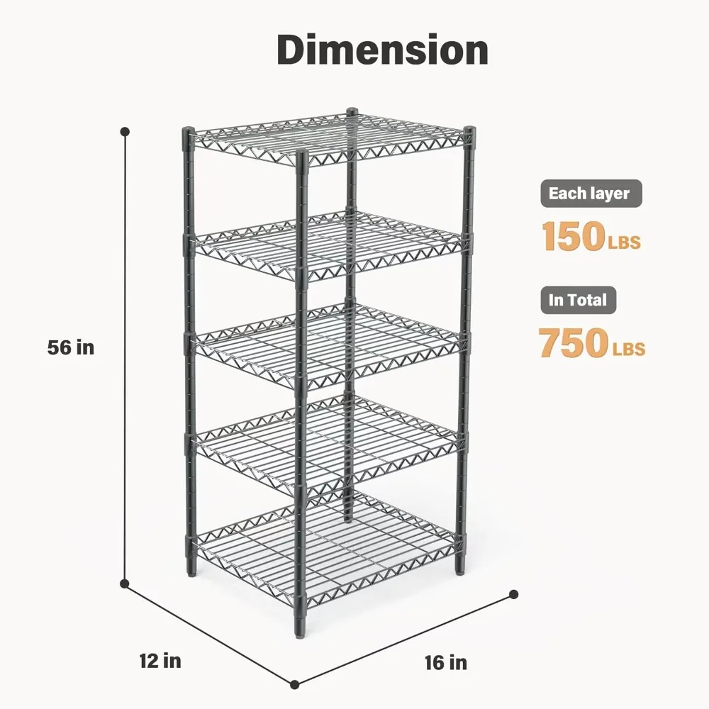 AHEONLAR 5 Tier Grey Storage Racks and Shelving - Heavy Steel Material Pantry Shelves - Steel Organizer Wire Rack, Suitable for