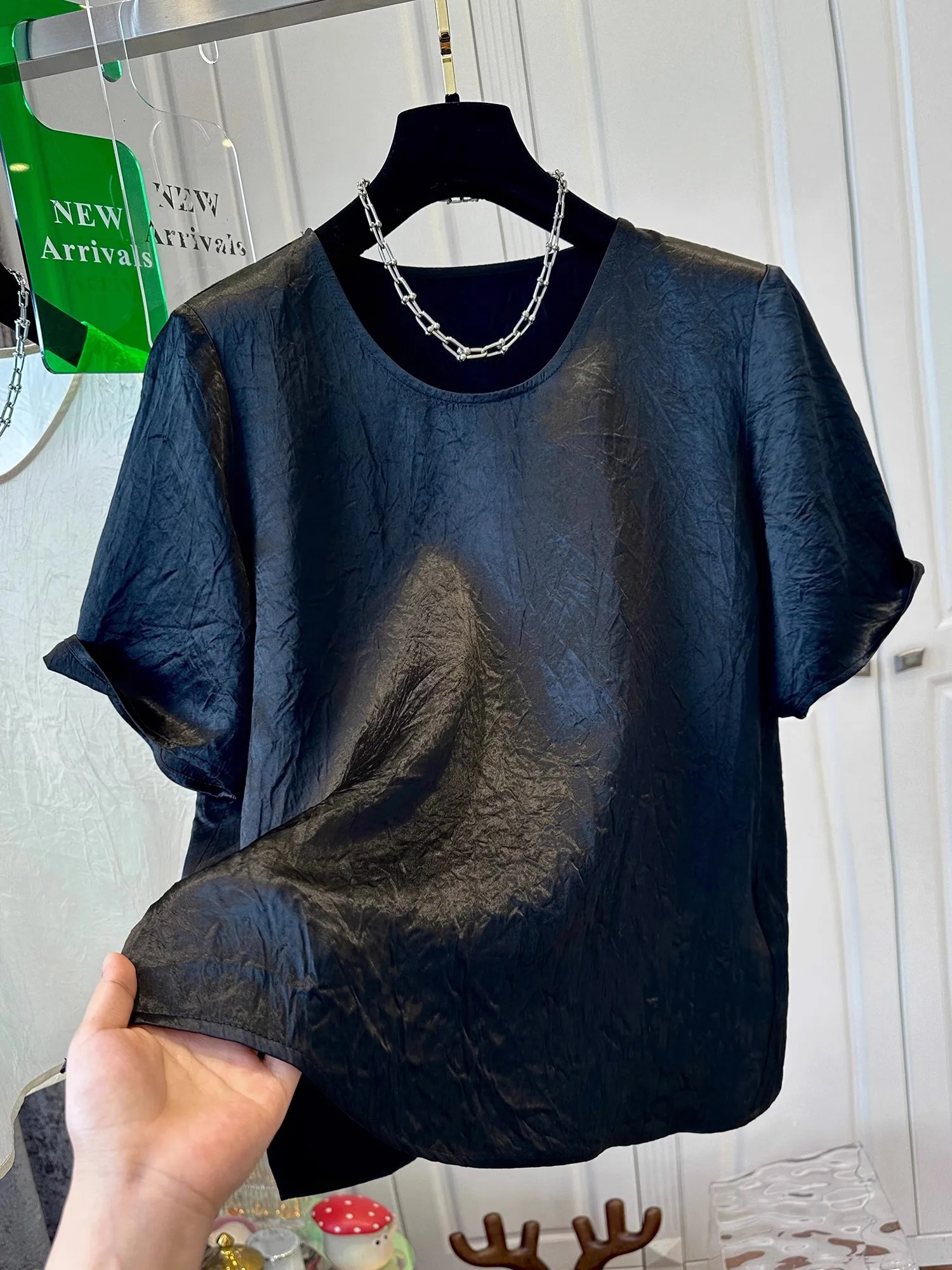 특대형 300포 아세테이트 새틴 질감 접이식 여성 여름 신상 루즈핏 탑 쉬폰 블라우스