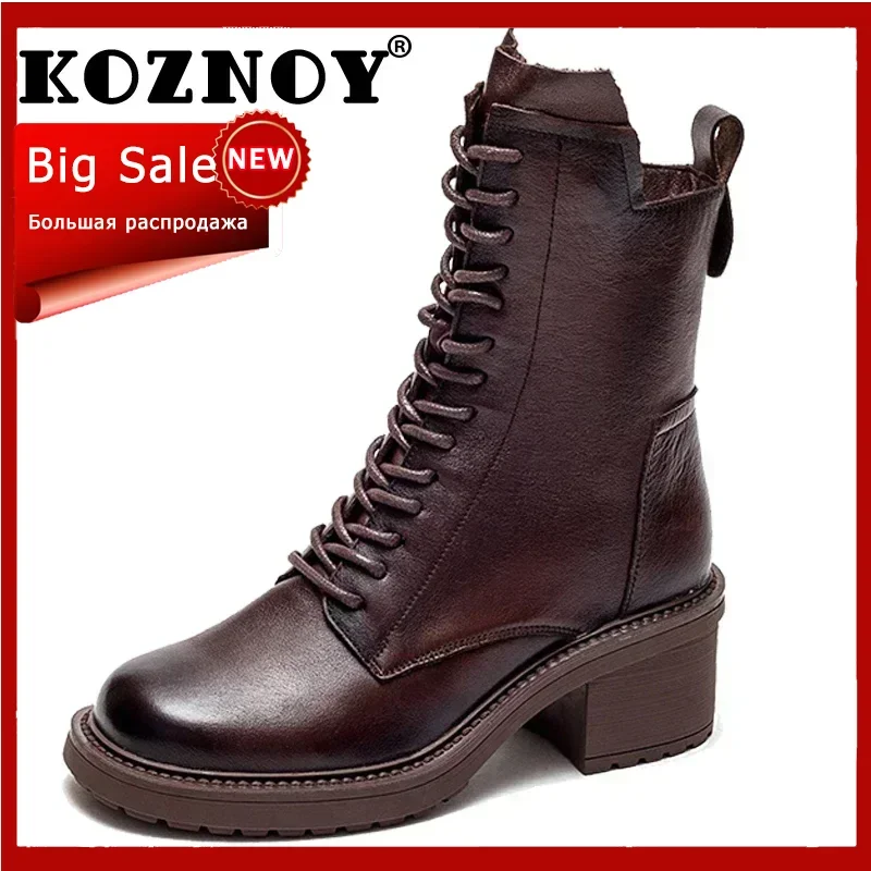 Koznoy 6 cm vintage etnische zip-platform enkel motorfiets echt leer lente herfst Britse stijl laarzen vrouw hoge hak schoenen