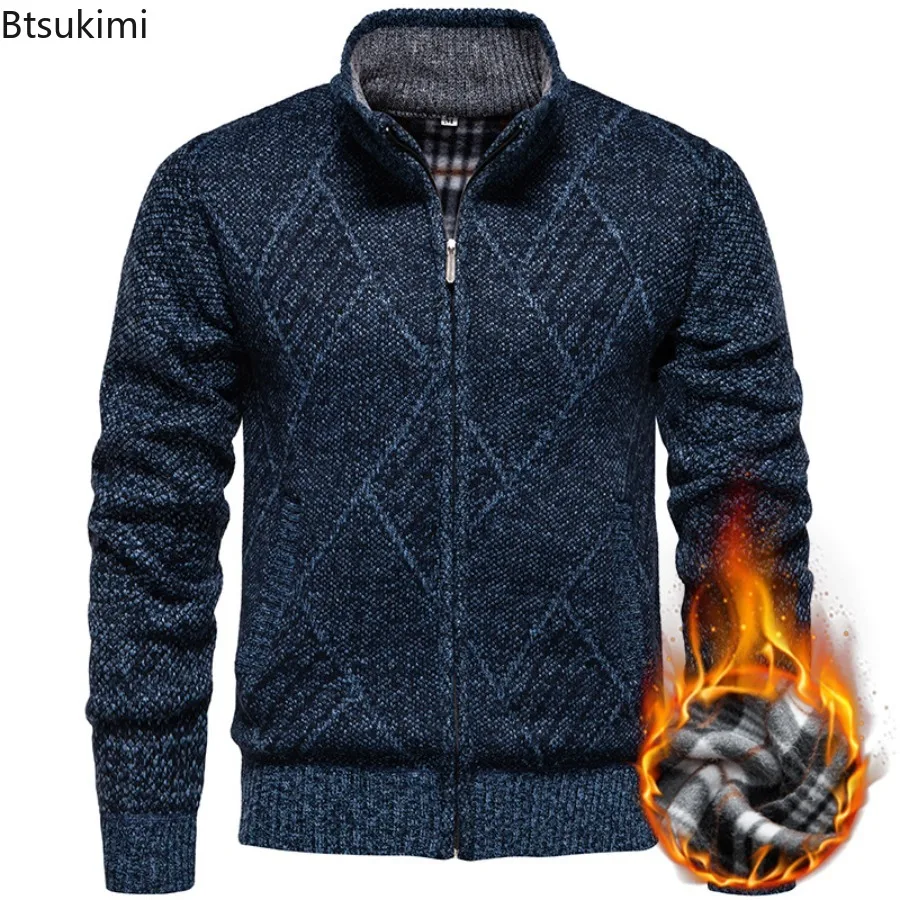 

2025 New' Winter Men's Fleece Cardigan Fashion Knit Sweater Coat Business Casual Jacket High Quality Male Wool Cashmere Clothing