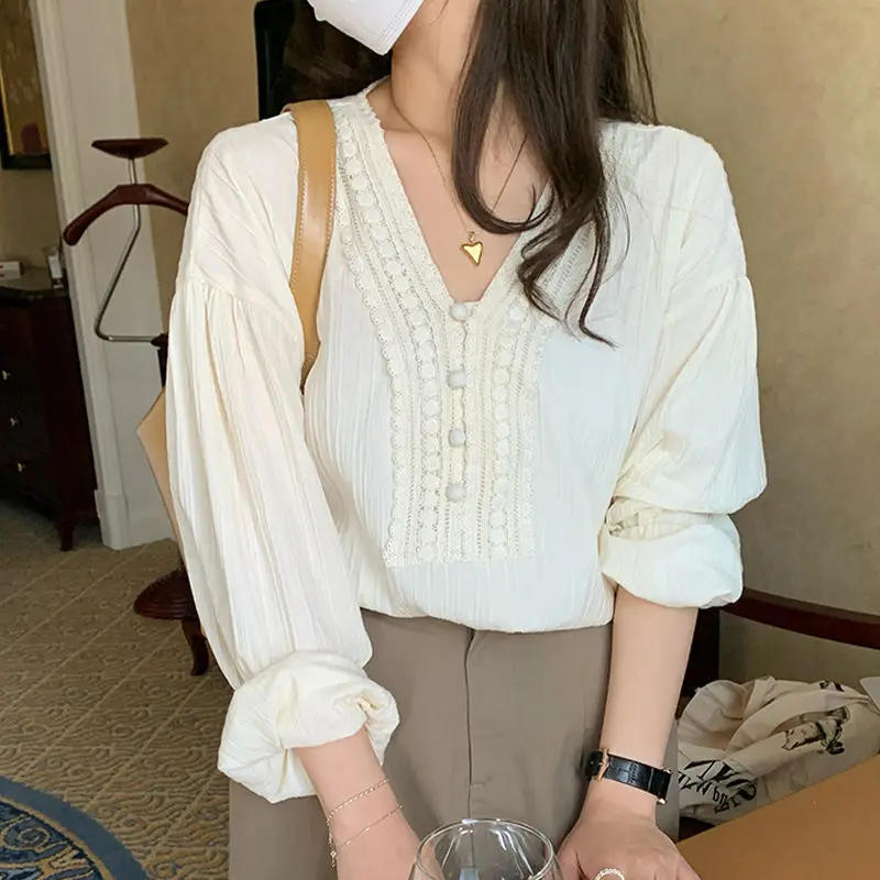 Spring Cotton Long Sleeve White Women\'s Blouse Office Lady Elegant Tops 2024 Fashion Autumn V-neck Shirt