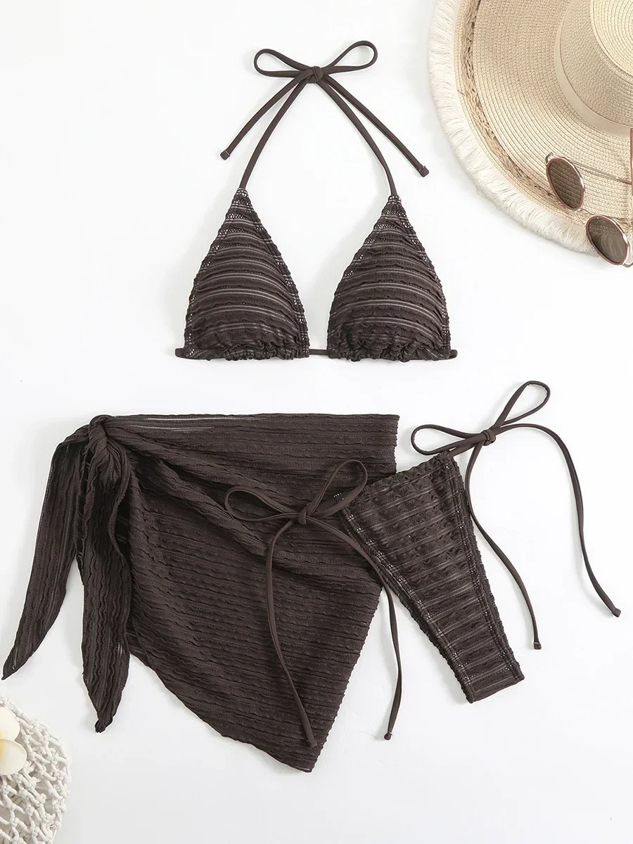 Sexy 3 Pieces Bikini Women Swimsuit 2025 Summer Halter Triangle Swimwear Bottom Bikinis Sets Beach Cover Up Female Bathing Suits