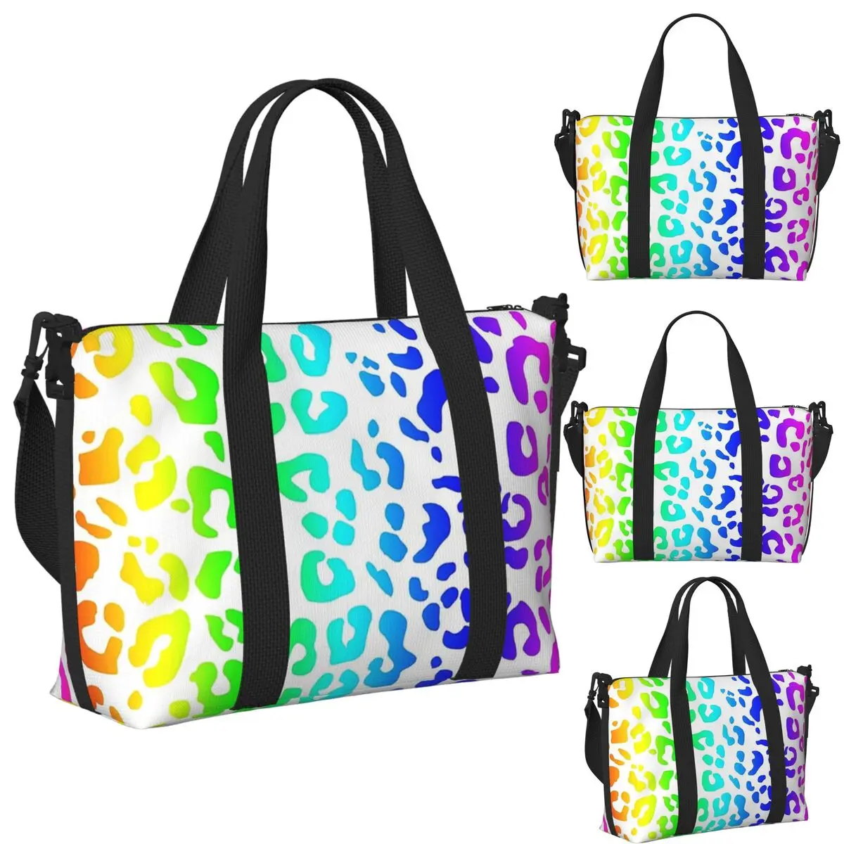 

Rainbow And White Spots Leopard Print Beach Travel Bag Large Capacity Tote Bags for Gym Yoga Women Shopping Duffle Shoulder Bag
