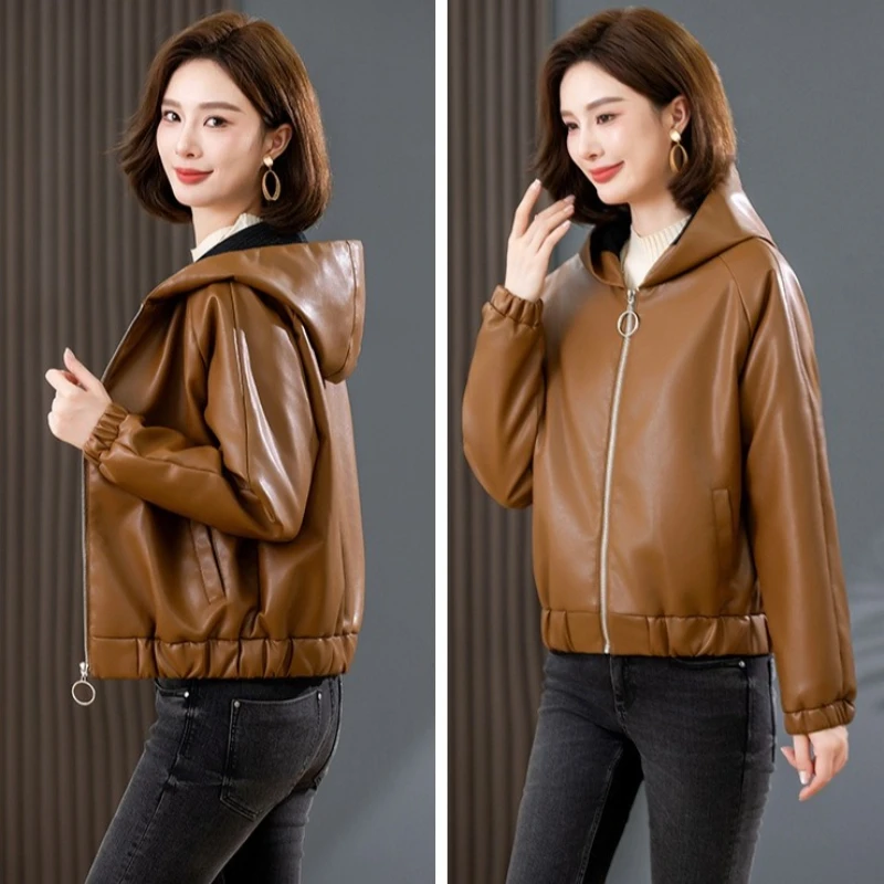 الخريف الشتاء المخملية الدافئة تقليد سترة جلدية النساء ملابس خارجية موضة قصيرة فضفاضة مقنعين سترة جلدية الإناث بلايز عادية #6