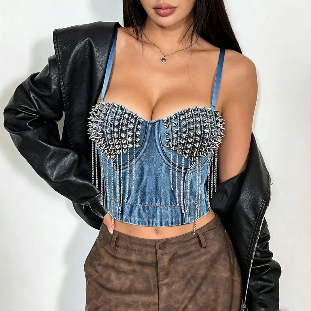 European American Denim Bra Outer Wear Integrated Cup Heavy Industry Beads Spire Bright Diamond Chain Fringed Fish Bone Sling