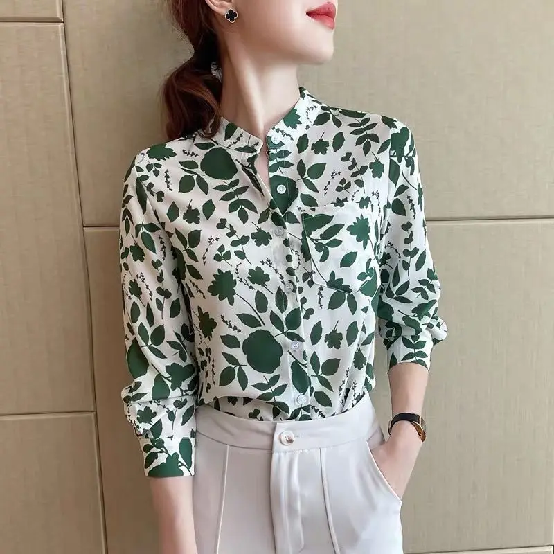 Blouse Standing Collar Green Graphic Printed Chiffon Shirt Women\'s Spring Summer 2023 New Long Sleeve Elegant Fashion Tops