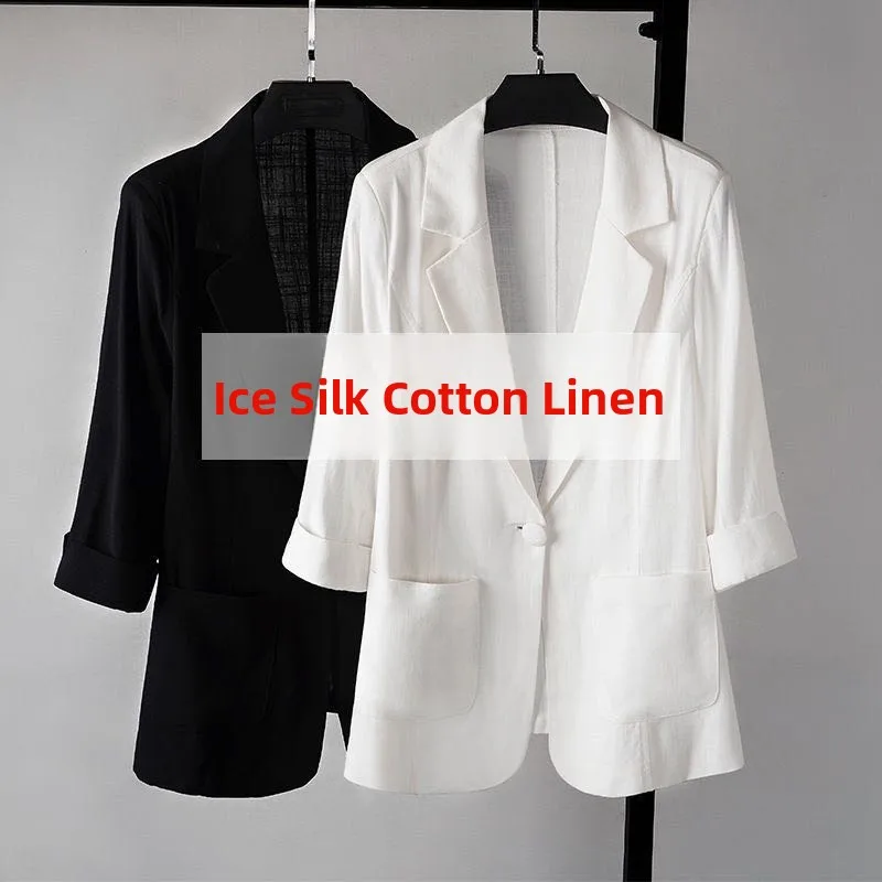 

Spring Summer Thin Women's Ice Silk Cotton Casual Slim Fit Short Sleeve Suit Jacket Large Size Button up Comfortable Top