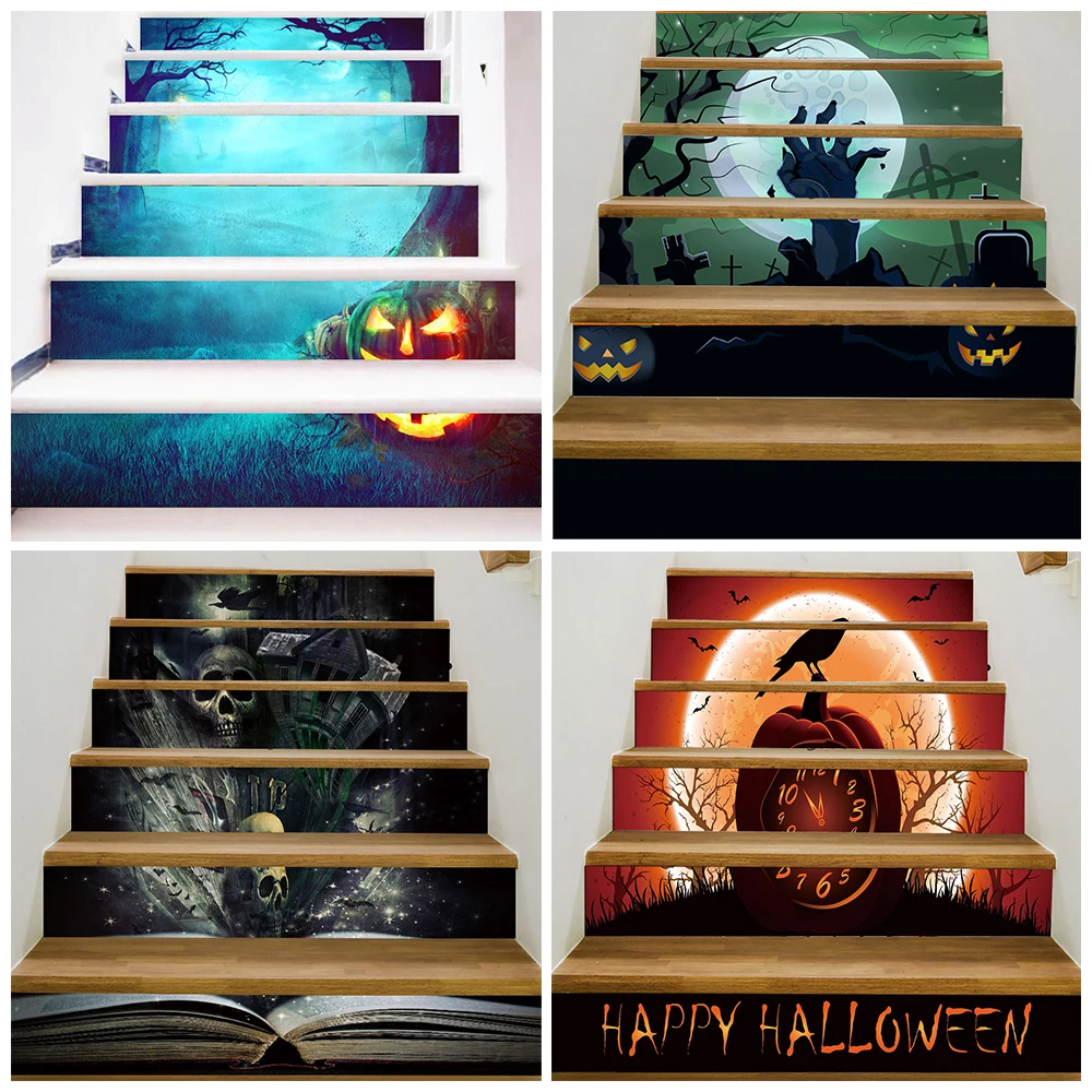 

6Pcs/13Pcs Halloween Stair Stickers Removable Adhesive Vinyl Cartoon Pumpkin Staircase Riser Mural Decals Trap Bekleding