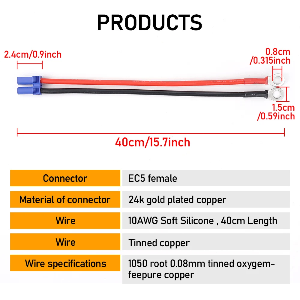 10AWG Car Power Adapter Cable silicone Tinned Copper Wire Car Battery Wire EC5 Female To M8 Tinned Copper Terminal 40cm