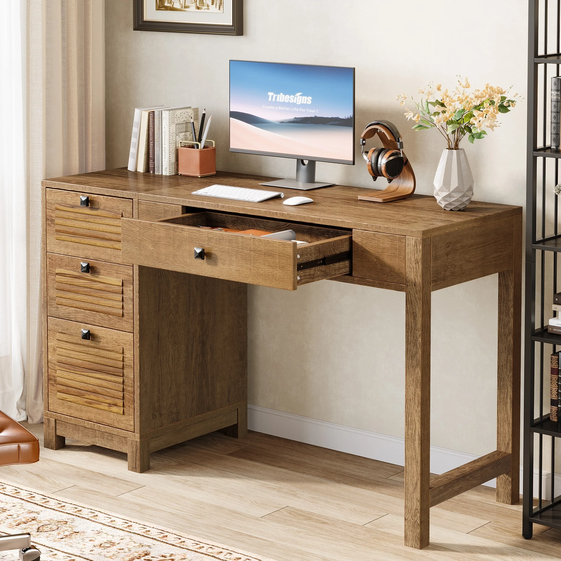 

we-Tribesigns Farmhouse Computer Desk with 4 Drawers, 55.11-Inch Home Office Desk Wood Executive Office Desk#