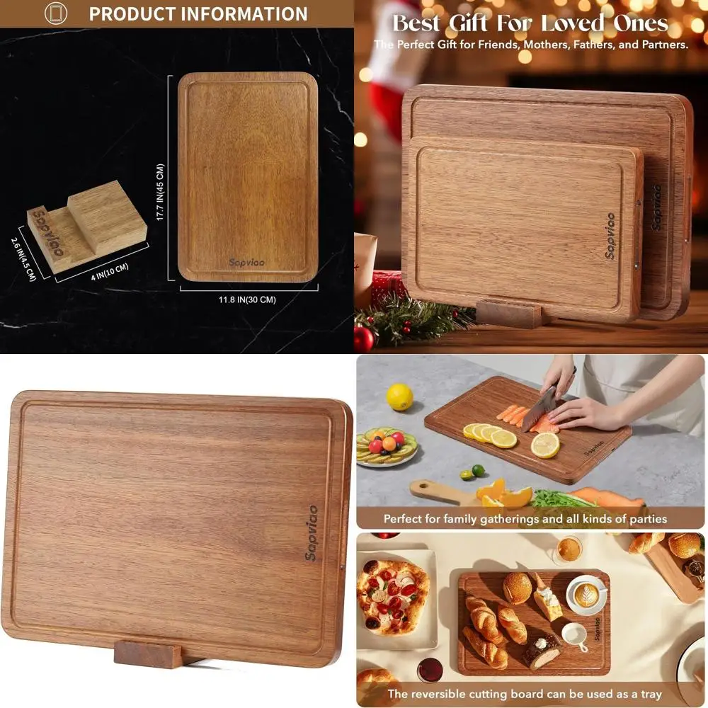 

Solid Teak Wood Chopping Board with Deep Juice Grooves, Built-in Handles, 17.7x11.8 inches