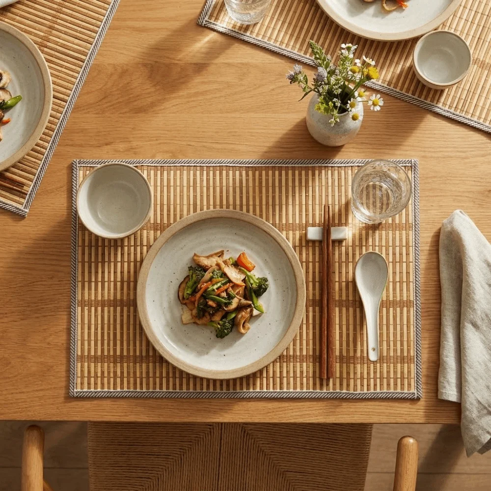 Table Protection Natural Bamboo Placemats Anti-Slip Edge Binding Table Mat Heat-Resistant Rustic Woven Oval Placemat Restaurant