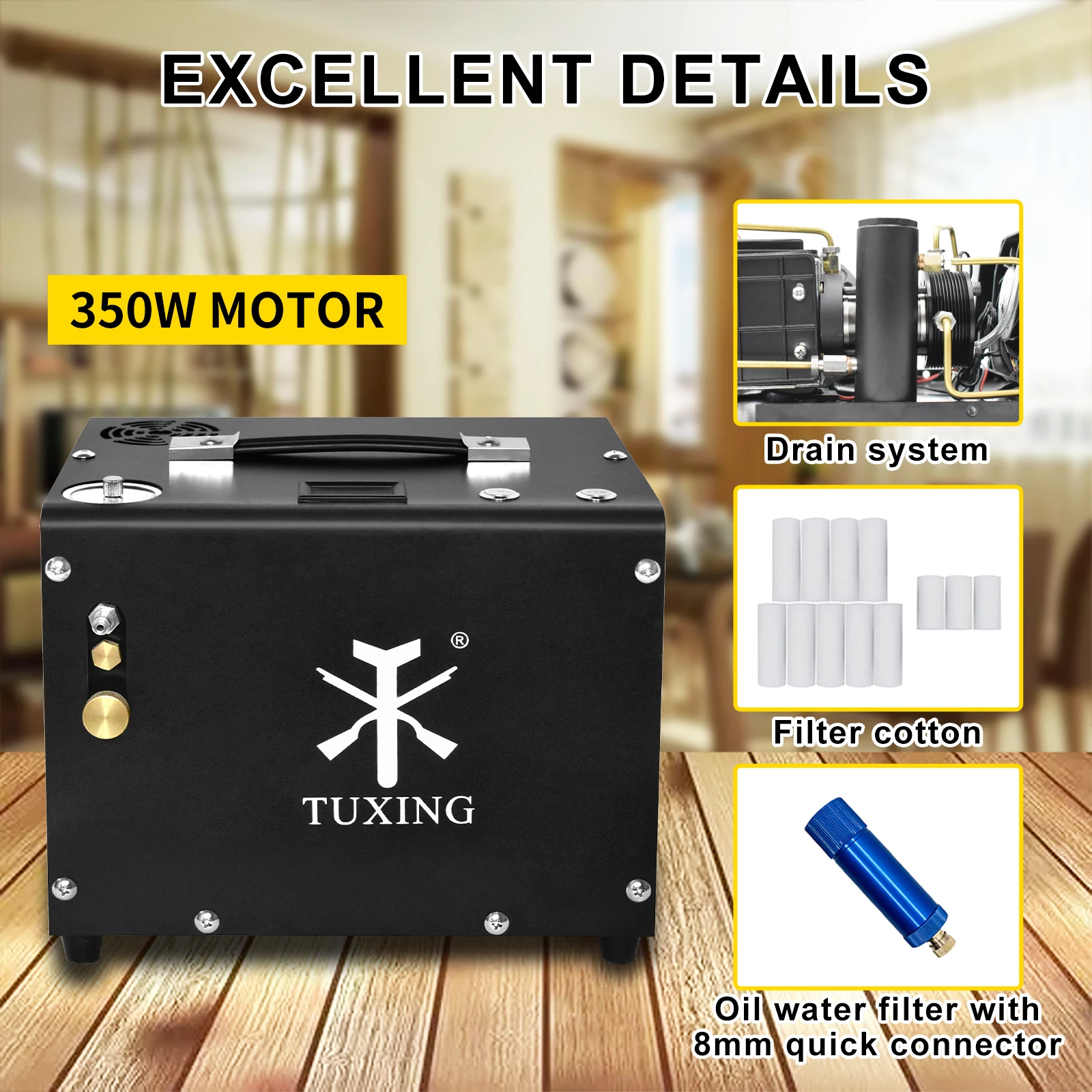 TUXING 4500Psi 300Bar PCP Air Compressor High Pressure Electric Built-in Power Adapter Compressor for PCP Diving Tank TXET062