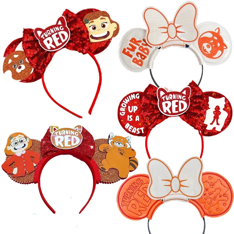 

Disney Turning Red Ears Headband Women Meilin Lee Hair Accessories Girl Sequins Bow Hairband Kids Red Panda Headwear Party Gift
