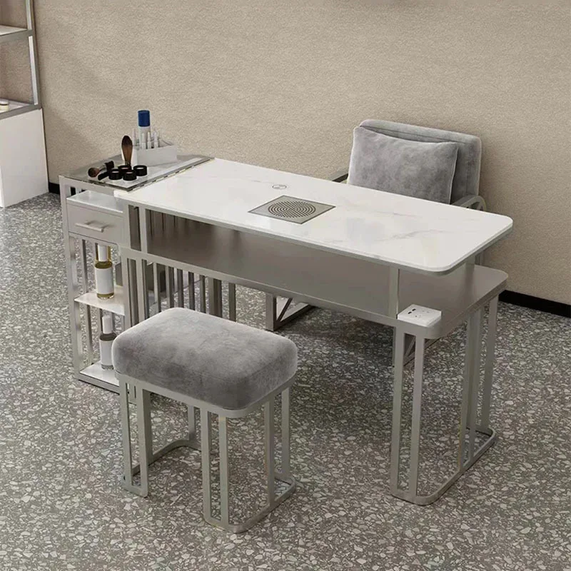 Light Luxury Silver Nail Tables Professional Salon Furniture for Beauty Salon Manicure Table and Chair Set with Vacuum Cleaner