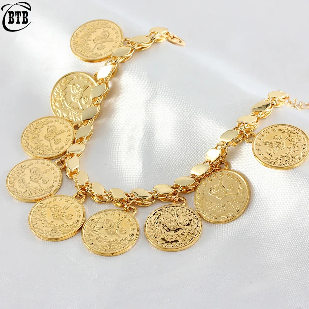 Punk Personality Gold Plated Portrait Coins Bracelet Bangle for Women Round Pendant Carved Turkish Flower Jewelry Accessories