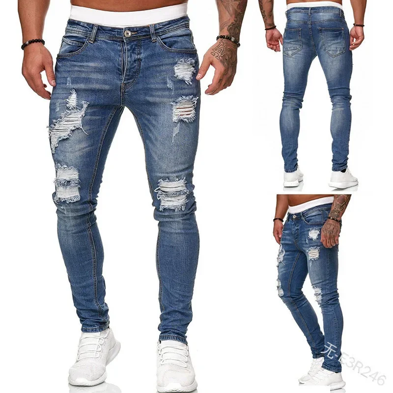 Ripped Men Jeans Denim Pant Mid Waist Slim Fit  Vintage Denim Wash Punk Style Skinny Pencil Pants Distressed Holes Ankle Length
