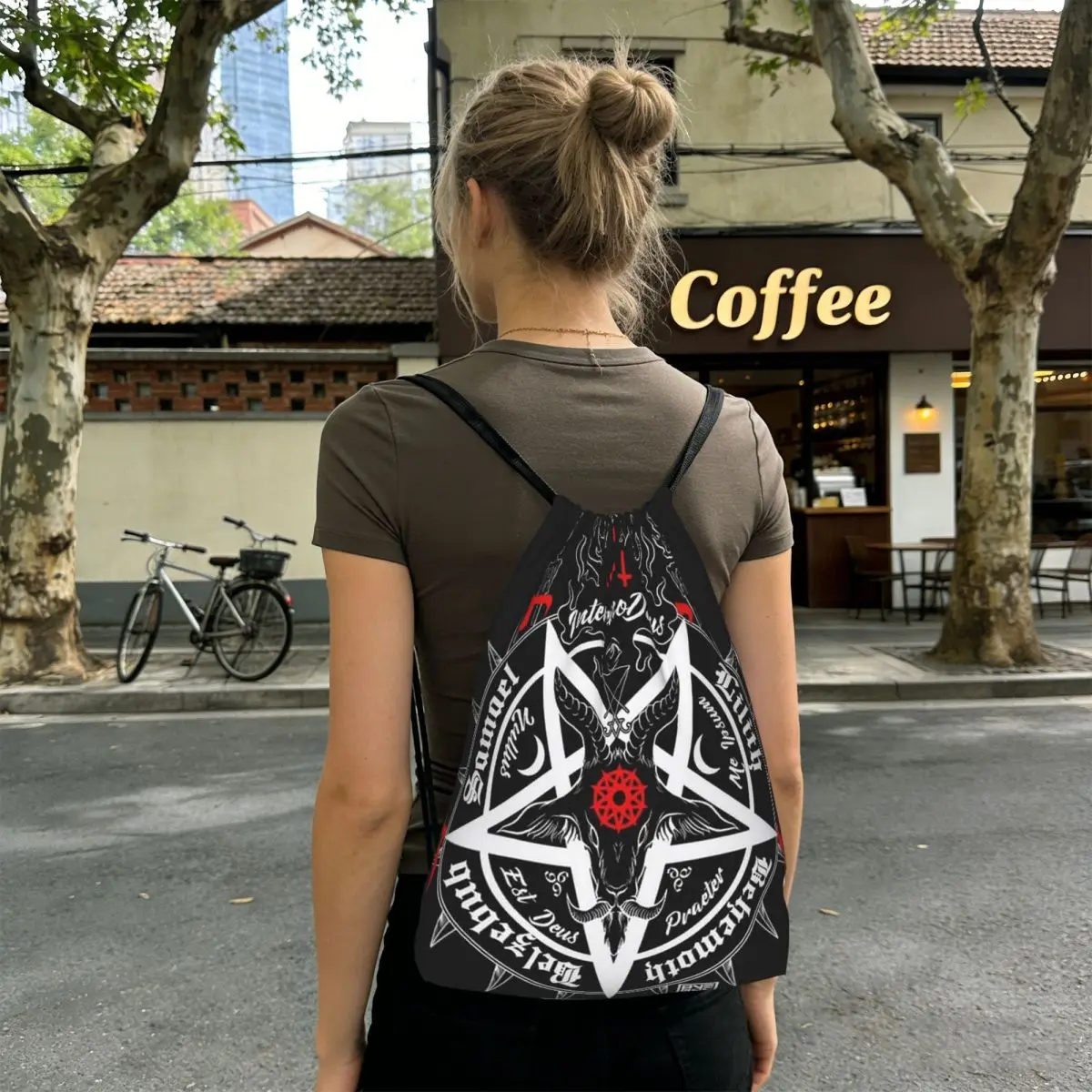 Satanic Occult Satan Skull Dead Goat Head Graphic Backpacks Fashion Drawstring Bags Sports Bag Book Bags for Man Woman School
