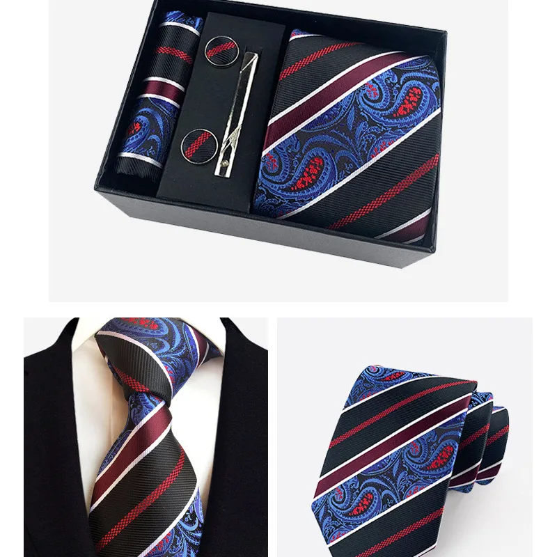 HUISHI Luxury Tie Set For Men Gift Black Box Fashion Paisley Necktie Handkerchief Cufflinks Clip Set Solid Dark Blue Neck Ties