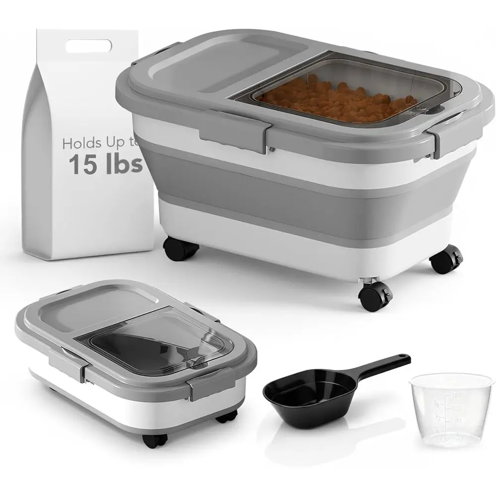 15 Lbs Dog/Cat Food Storage Container, Collapsible Food Storage Containers with Rolling Wheel Airtight Locking Lid, Pet Food Sto