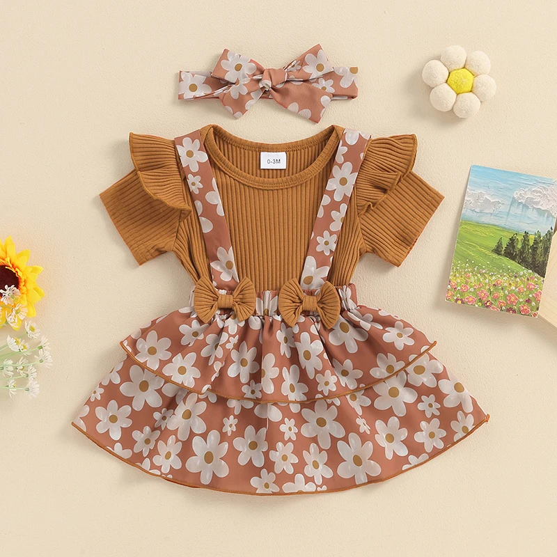 

Lioraitiin 0-24M Baby Girls Outfit Solid Color Ribbed Short Sleeve Romper with Floral Print Suspender Skirt and Bow Heaband Set