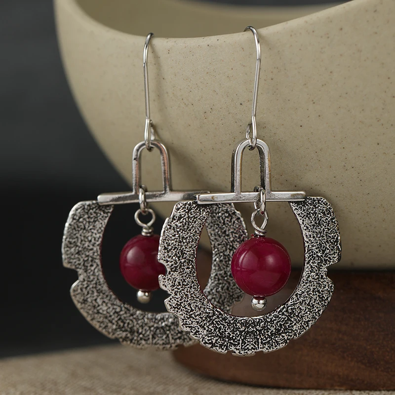 Ethnic Style Red Beads Hammer Pattern Women's Vintage Dangle Earrings Delicate Chic Design Festival Vacation Jewelry Accessories