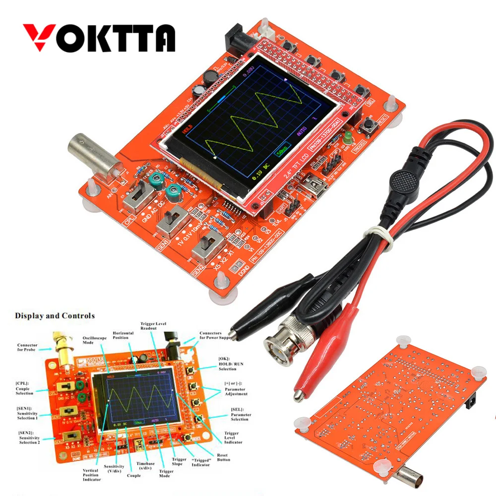 2.4 Inch DSO138 Fully Assembled Digital Oscilloscope TFT LCD Display Probe Acrylic Case Oscilloscope DIY Kit ﻿with Test Clip