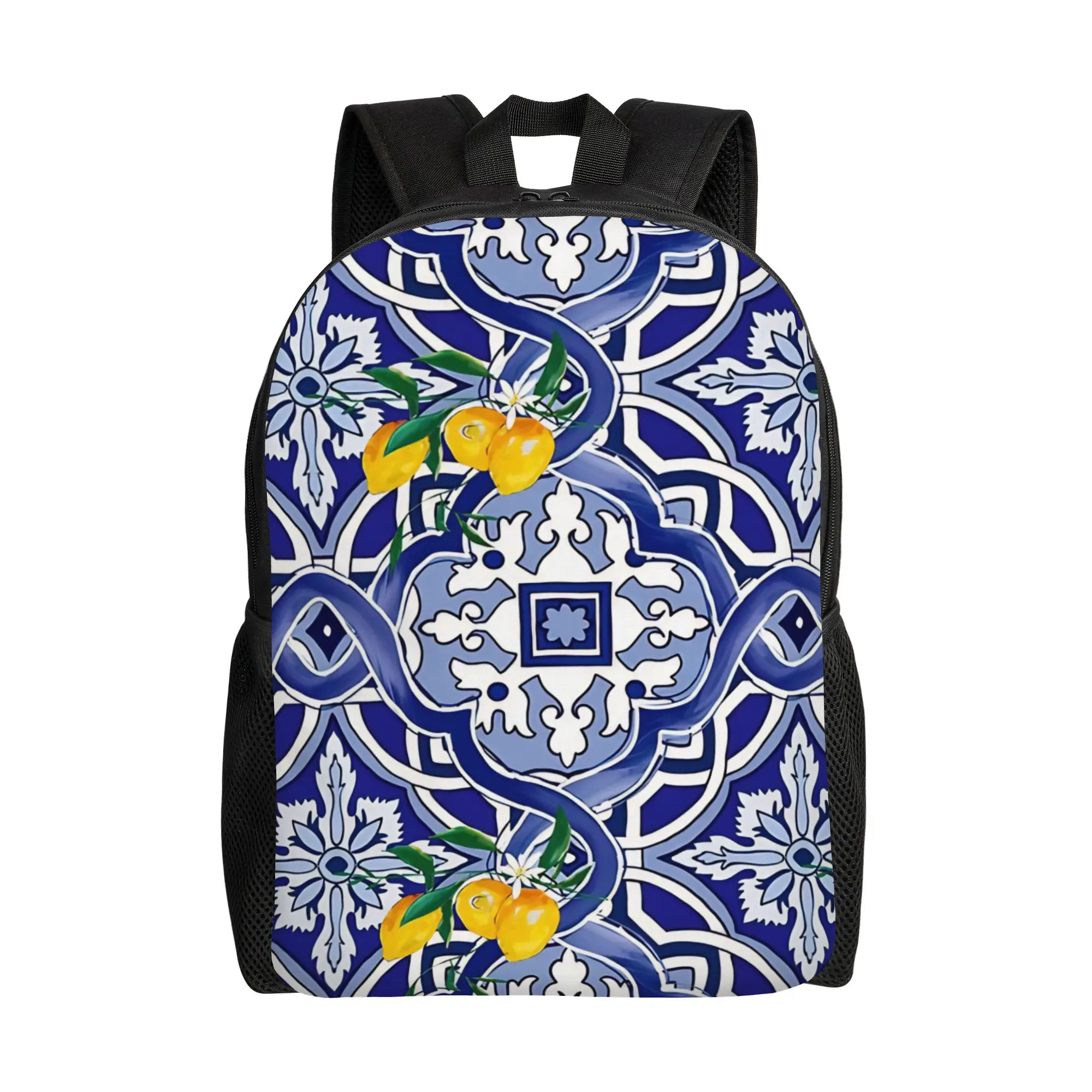 Blue Ornate Floral Backpack  College Backpacks Boy Streetwear High School Bags Colorful Big Rucksack