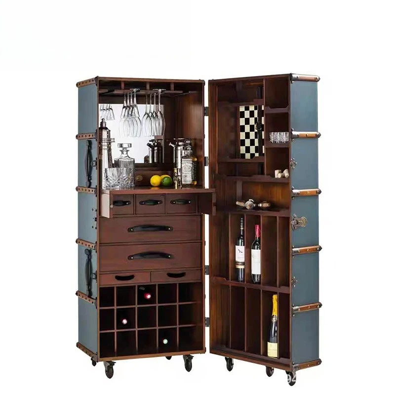 Retro solid wood suitcase wine cabinet display cabinet designer household Italian light luxury storage mobile wine cabinet