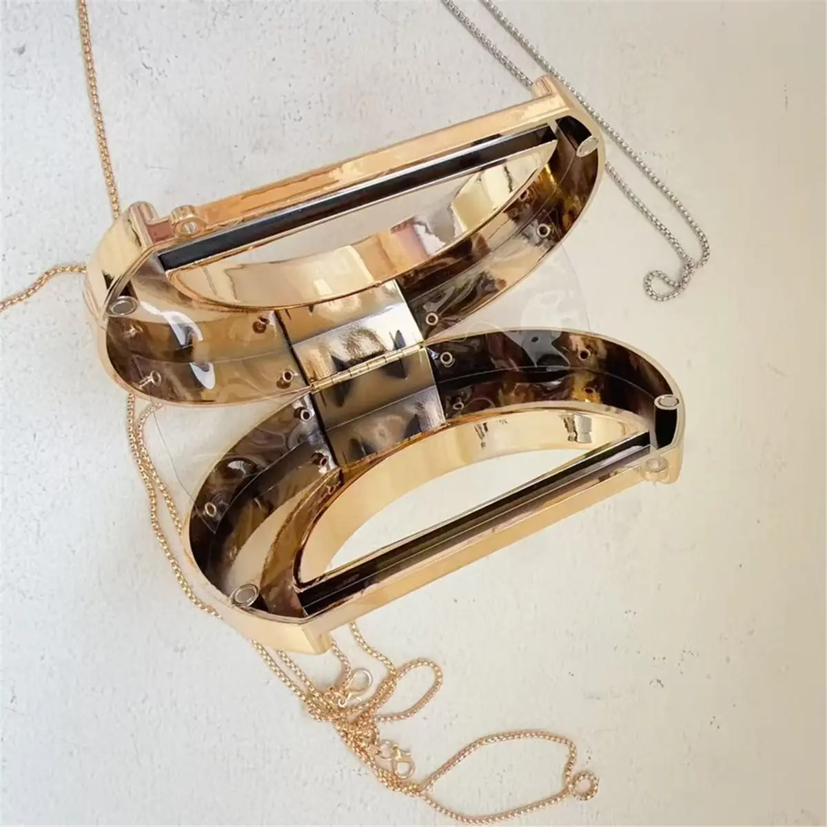 11·11COUPON Acrylic Crescent Moon Crossbody Bag, Mini Hollow Lattice Clutch with Chain Strap, Gold and Silver Silvery