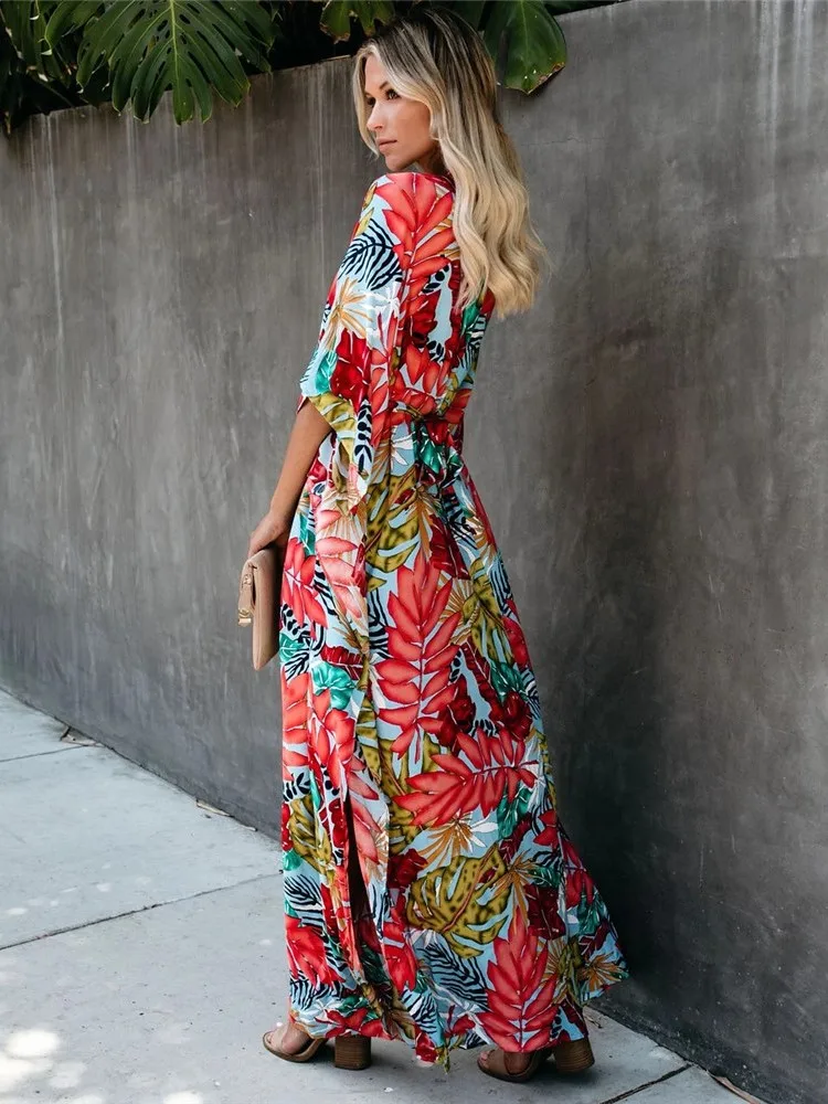 Boho Floral Print Long Dresses For Women 2024 Summer Autumn New Batwing Sleeve High Waist Slit Vacation Beach Party Dress Robe