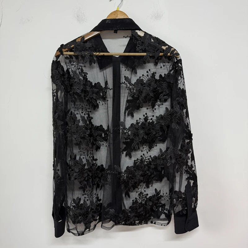 PFHQ المتخصصة قميص رجالي ثلاثي الأبعاد المطرزة الزهور بقماش شفاف تصميم 2025 موضة جديدة التلبيب قمصان طويلة الأكمام 21E7195