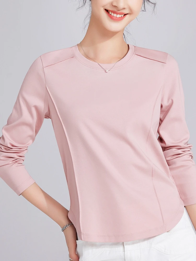 Pima Cotton Contour Fit Long Sleeve Tee Women  Fall Essential Contrast Stitching Round Neck Layering Staple Premium Basic Top