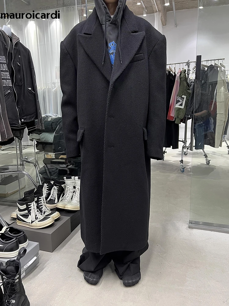 Mauroicardi Autumn Winter Cool Oversized Long Warm Black Woolen Coat Men Luxury Designer Clothes Wool Blends Overcoat 2024