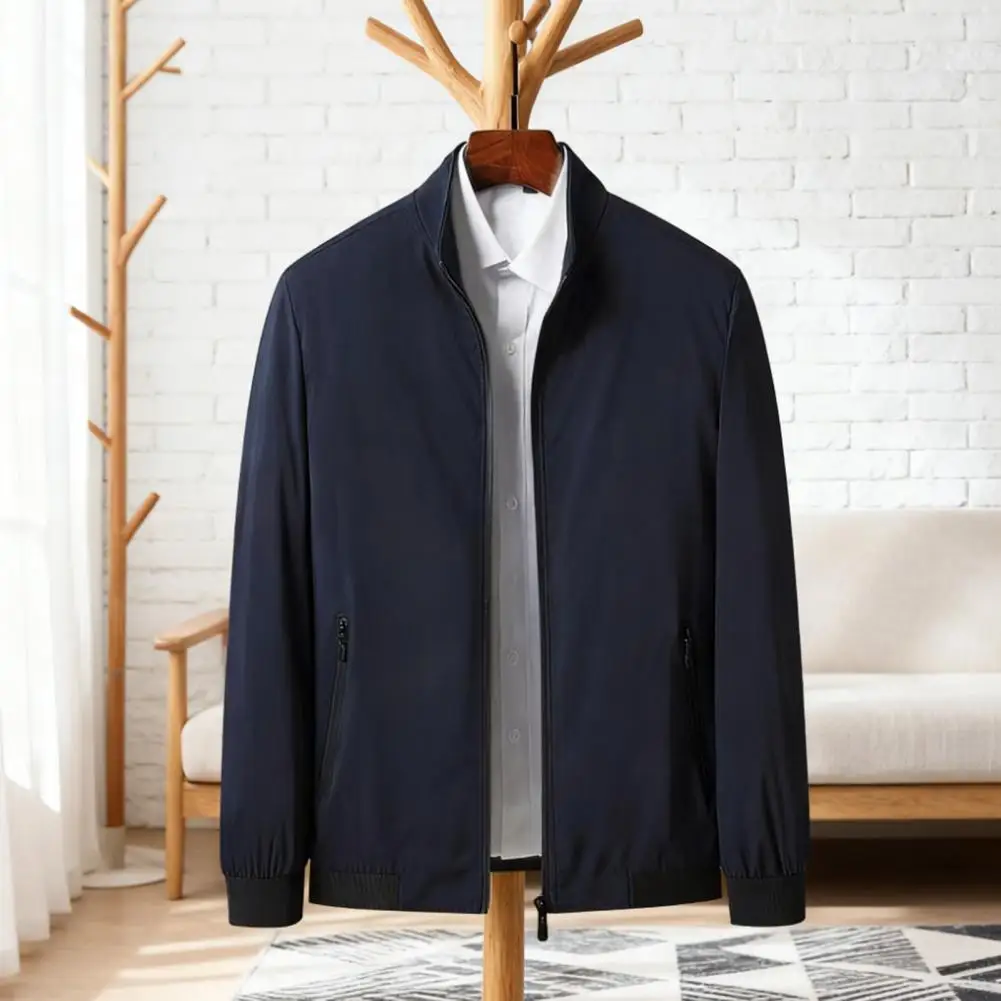 سترة رجالية مقاومة للرياح، ملابس خارجية مريحة للرجال، سترة رجالية أنيقة مقاومة للرياح مع ياقة واقفة وسحاب وجيوب للإغلاق للرجال