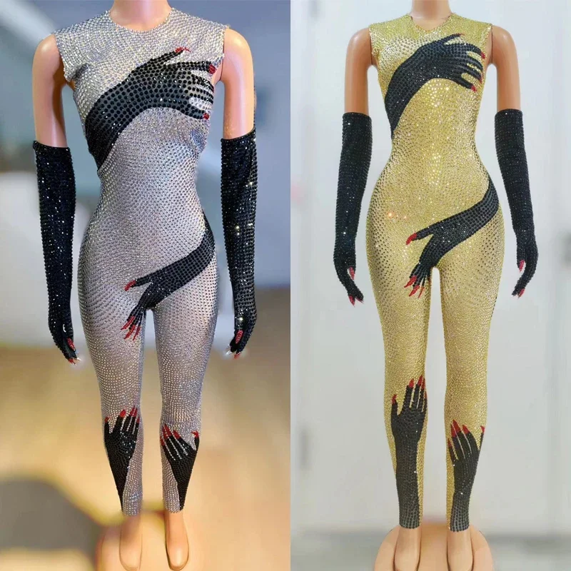 Sexy Pole Dance Outfit Nero Argento Strass Tuta Guanti Donna Dj Ds Party Gogo Abbigliamento Drag Queen Costume XS6638
