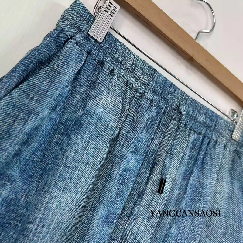 Women's Clothing 95% Natural Mulberry Silk Elastic Double Qiao Satin Pocket Design Drawstring Denim Print Straight Leg Pants