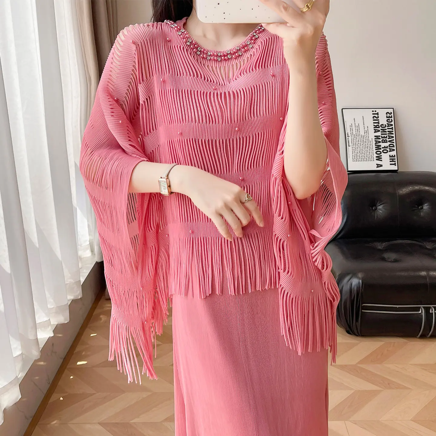Miyake Beaded Shawl Fringed Pleated Dress Casual Style Two-Piece Set Lightweight Breathable Polyester Summer Fashion