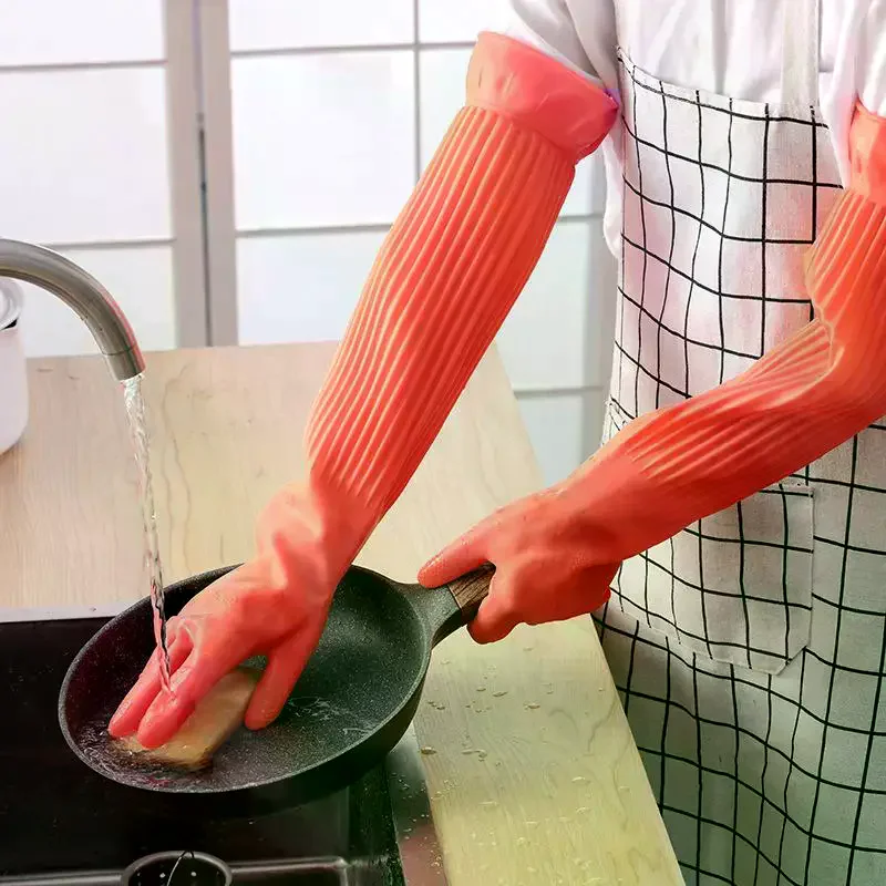 Long Reusable Rubber Dishwashing Gloves Non-slip Household Cleaning Gloves Kitchen Housework Dishes Cars Gardening Work Gloves