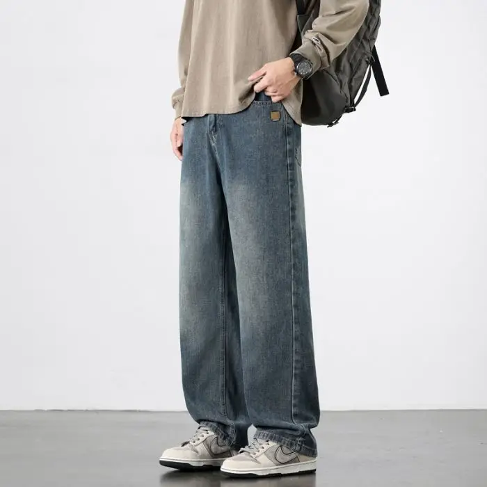 

Новые мужские прямые винтажные джинсы, повседневные брюки, высококачественные мужские корейские модные мешковатые широкие джинсовые брюки
