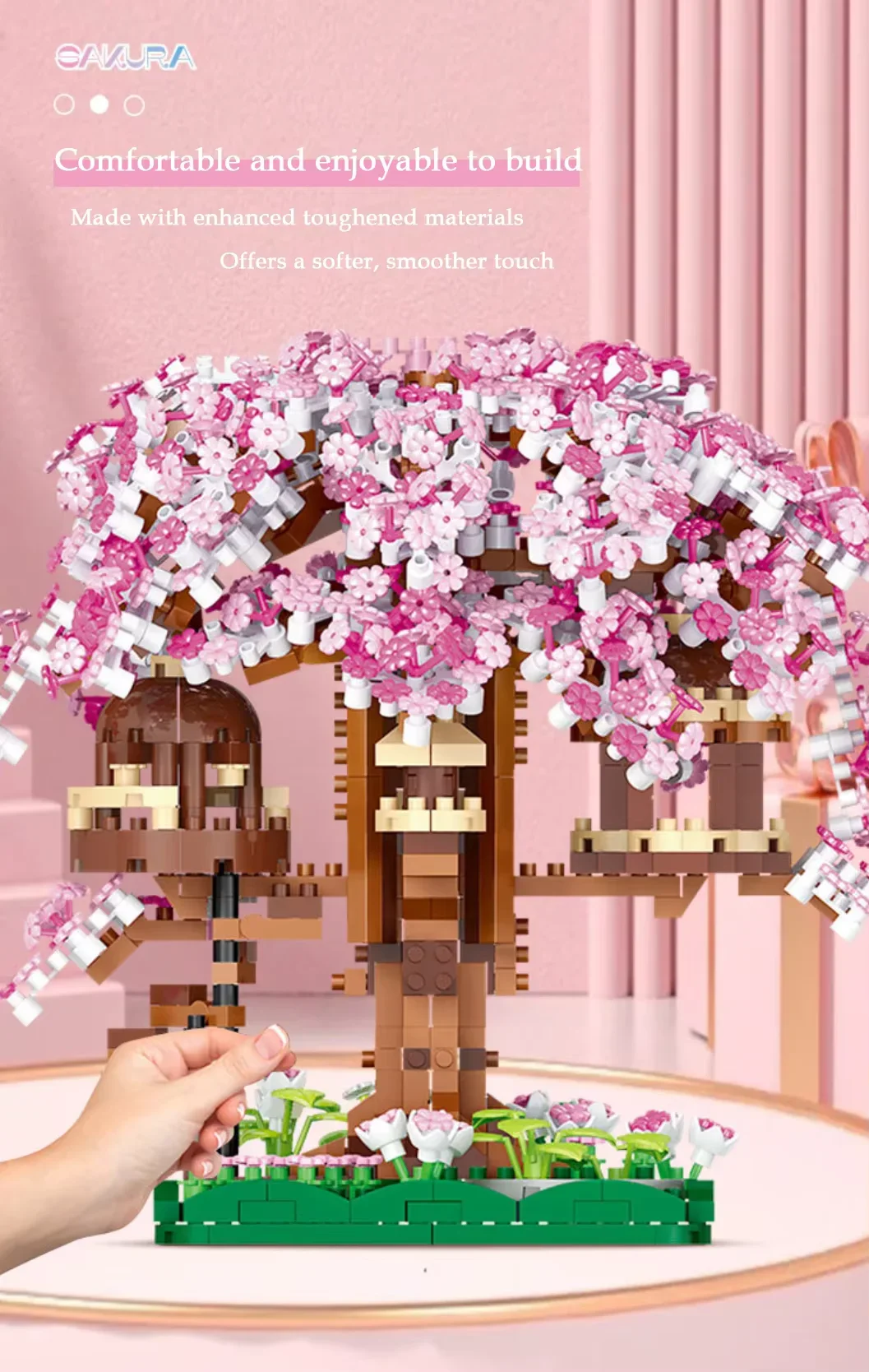 子供のビルディングブロック DIY おもちゃピンク正方形桜ツリーハウス建設セット花大人の装飾品ギフト