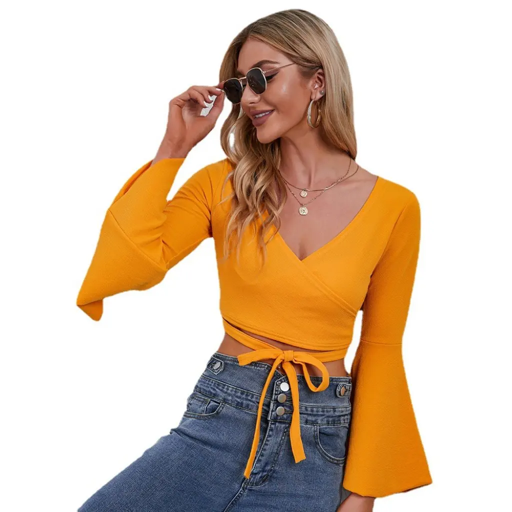 

Женская сексуальная футболка с длинными рукавами и v-образным вырезом, рукавами-трубой, с открытым пупком, новинка Jr923