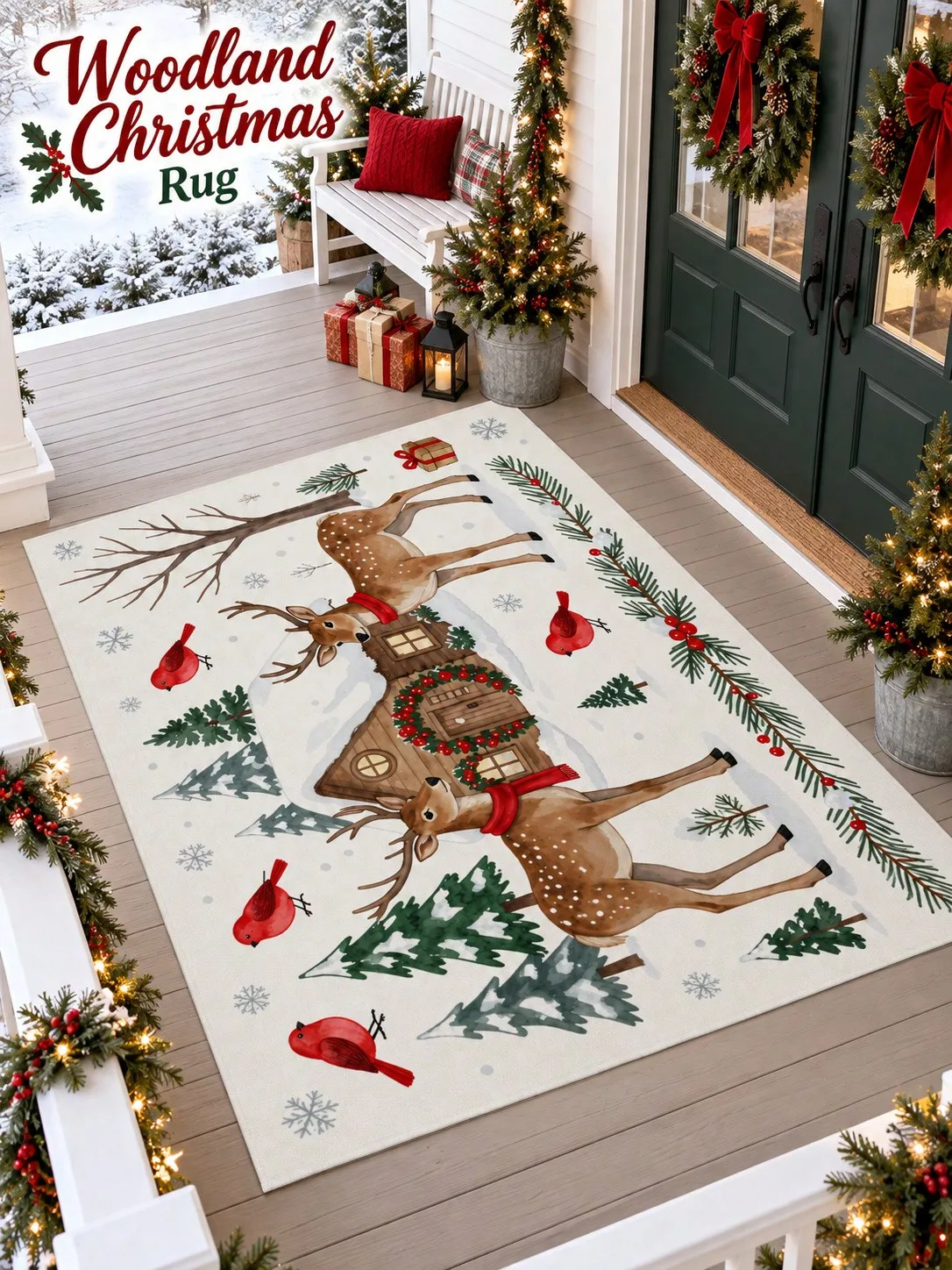 Christmas Rug Deer Cabin Cardinal Pine Floor Decor Carpet Living Room Bedroom Dining Area Entryway Apartment Cottage Winter Home Styling Beside Sofa Armchair Housewarming Birthday Gift for Family Friends Neighbors Homeowners Holiday Dinner Gatherings - view 2