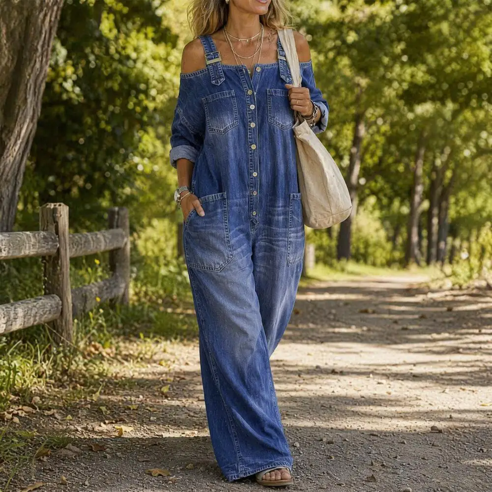 Loose Fit Jumpsuit Summer Denim Jumpsuit for Women Long Sleeve Off Shoulder Overalls with Adjustable Straps Wide Leg for Women
