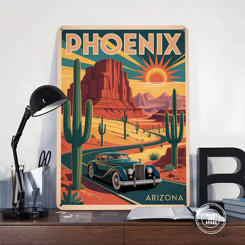 Phoenix Arizona Vintage Travel Personalized 3D Textured Metal Poster Wall Art Tinplate Sign for Office Decor Room House Home